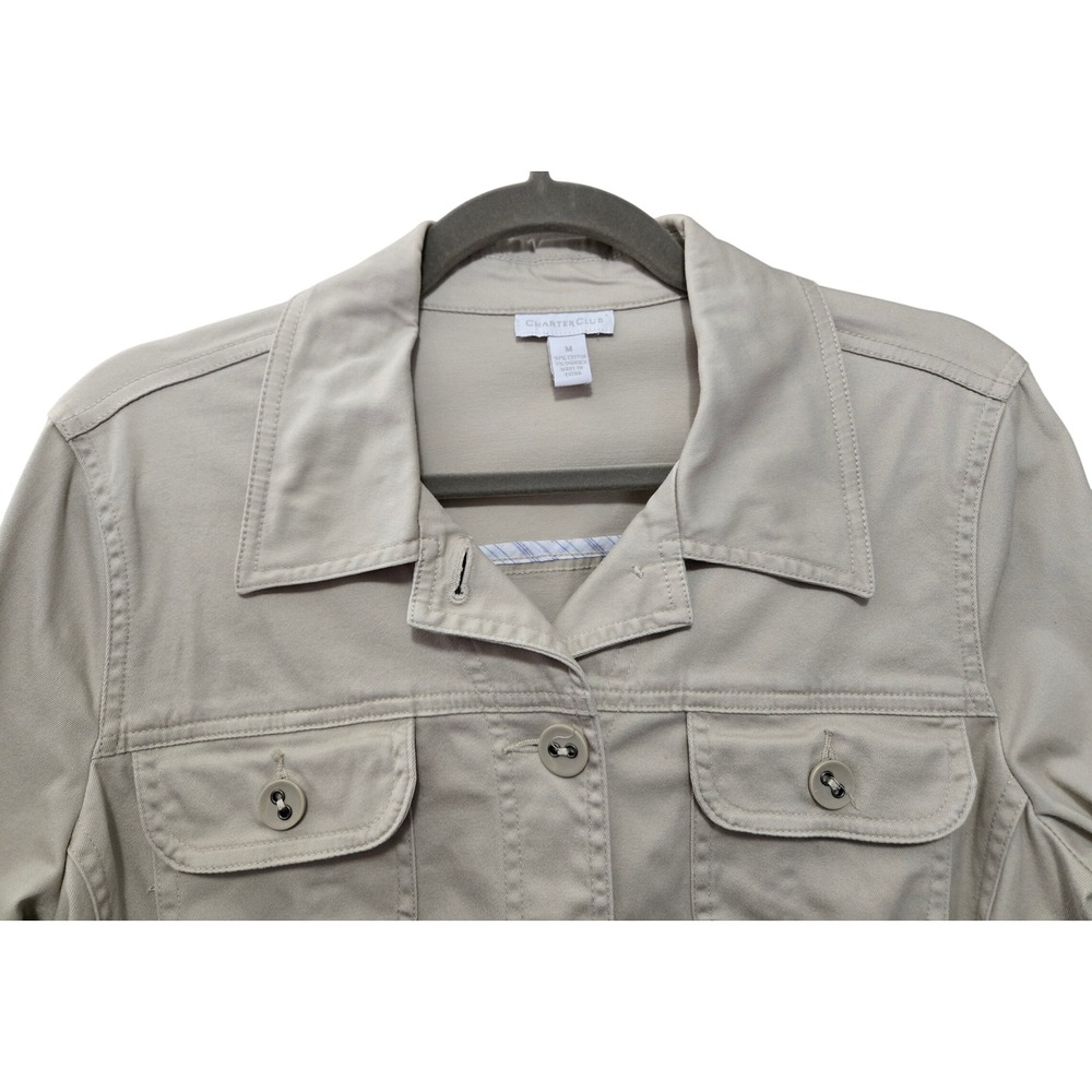Charter Club Womens M Classic Khaki Stretch Cotton Button Front Utility Jacket - Picture 2 of 8